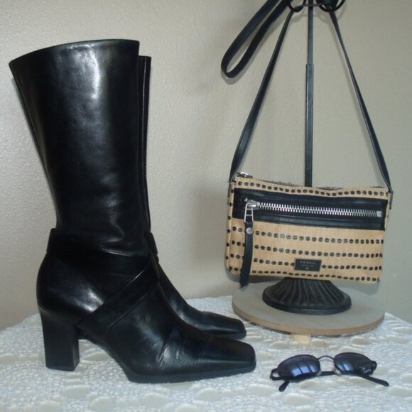 FRANCO SARTO Black Smooth Leather Zip Up Square Toe Heeled Boots 8.5 M - Picture 4 of 8